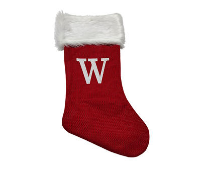 "W" Monogram Red Knit Stocking with White Fur Cuff