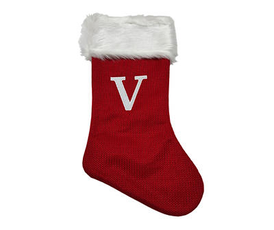 "V" Monogram Red Knit Stocking with White Fur Cuff