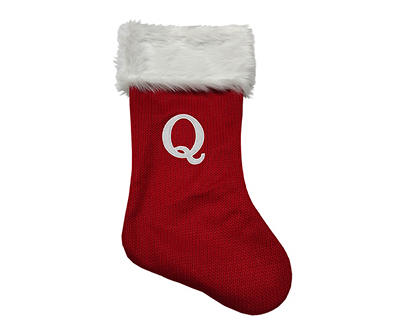 "Q" Monogram Red Knit Stocking with White Fur Cuff