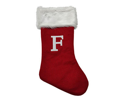 "F" Monogram Red Knit Stocking with White Fur Cuff