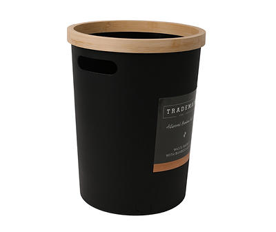 Black Round Wastebasket With Bamboo Accent
