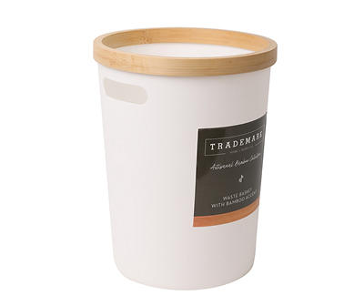White Round Wastebasket With Bamboo Accent