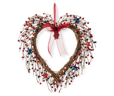 17" Red, White & Blue Berry & Stars Twig Heart Wreath