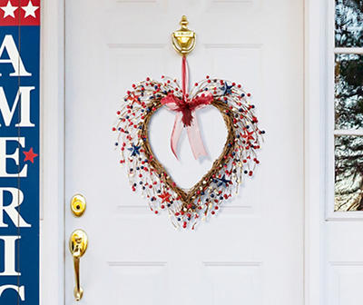 17" Red, White & Blue Berry & Stars Twig Heart Wreath