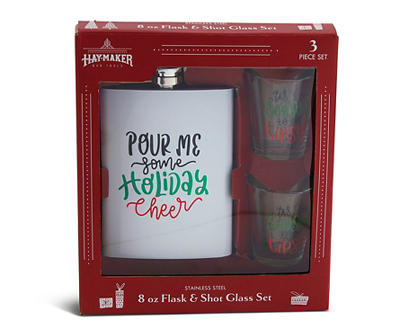 "Holiday Cheer" White Steel 8-Oz. Flask & Shot Glass Set