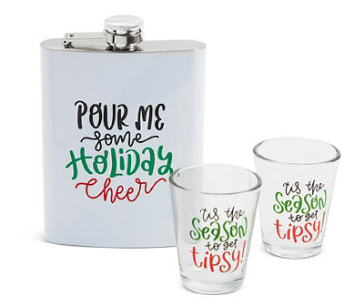 "Holiday Cheer" White Steel 8-Oz. Flask & Shot Glass Set