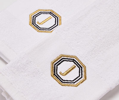 "J" Bright White & Gold Embroidered Octogon Hand Towels, 2-Pack