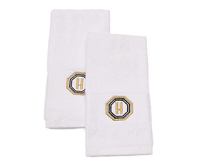 "H" Bright White & Gold Embroidered Octogon Hand Towels, 2-Pack