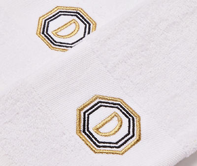"D" Bright White & Gold Embroidered Octogon Hand Towels, 2-Pack