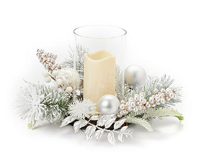 Snowy Pine, Berry & Ornament LED Candle Centerpiece