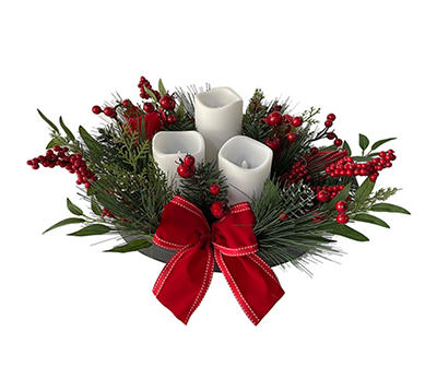 Santa's Workshop Pine, Berry & Red Bow 3-Tier LED Candle Centerpiece