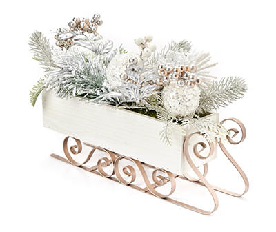 Frosted Forest Snowy Pine, Floral & Ornament Sleigh Tabletop Decor