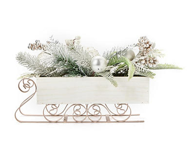Frosted Forest Snowy Pine, Floral & Ornament Sleigh Tabletop Decor