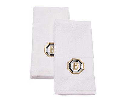 "B" Bright White & Gold Embroidered Octogon Hand Towels, 2-Pack