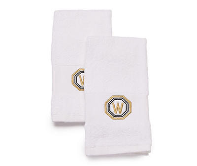 "W" Bright White & Gold Embroidered Octogon Hand Towels, 2-Pack