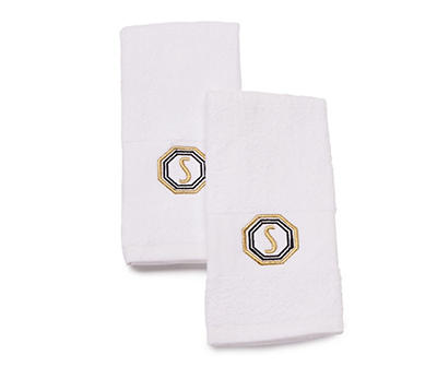 "S" Bright White & Gold Embroidered Octogon Hand Towels, 2-Pack