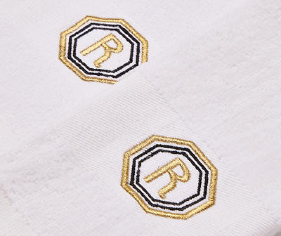 "R" Bright White & Gold Embroidered Octogon Hand Towels, 2-Pack
