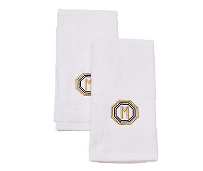 "M" Bright White & Gold Embroidered Octogon Hand Towels, 2-Pack