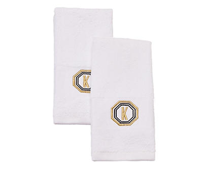 "K" Bright White & Gold Embroidered Octogon Hand Towels, 2-Pack