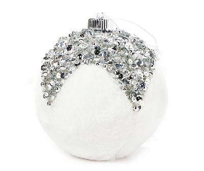 White Fur & Silver Sequin Jumbo Ball Ornament