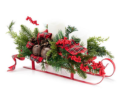 Pine, Bell & Plaid LED Candle Centerpiece on Sled