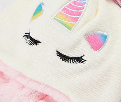 White & Pink Unicorn Earflap Beanie & Gloves Set