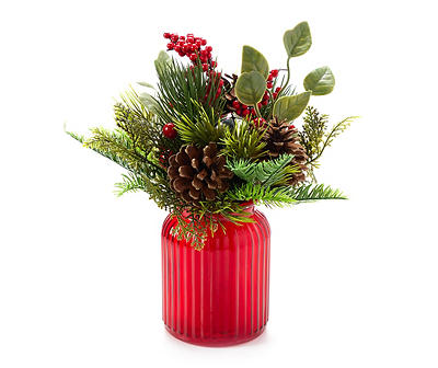 Pine, Berry & Pinecone Arrangement in Red Glass Vase