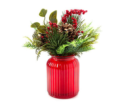 Pine, Berry & Pinecone Arrangement in Red Glass Vase