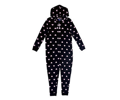 Women's Size X-Large Black & Pink Hearts Hooded Onesie Pajama