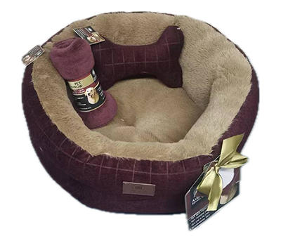 Burgundy Plaid 3-Piece Pet Bed Set
