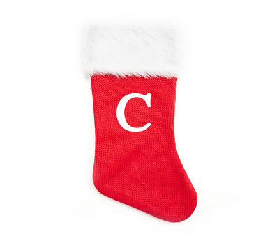 "C" Monogram Red Knit Stocking with White Fur Cuff