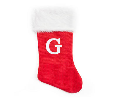 "G" Monogram Red Knit Stocking with White Fur Cuff