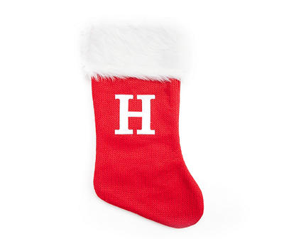 "H" Monogram Red Knit Stocking with White Fur Cuff