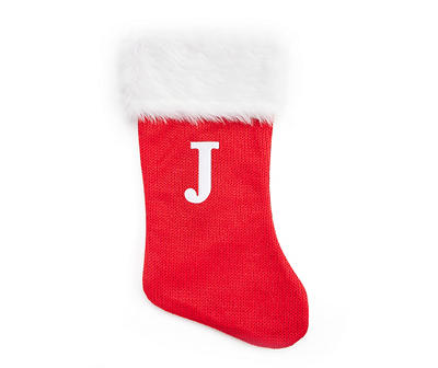 "J" Monogram Red Knit Stocking with White Fur Cuff