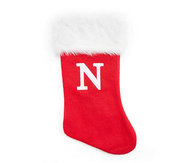 "N" Monogram Red Knit Stocking with White Fur Cuff