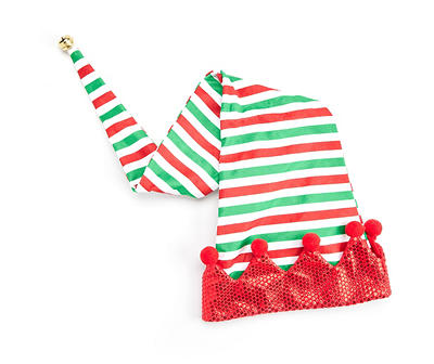 Red, Green & White Stripe Elf Hat with Bell