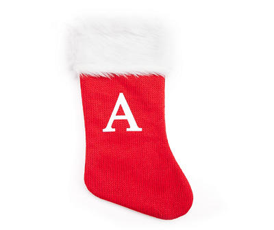 "A" Monogram Red Knit Stocking with White Fur Cuff