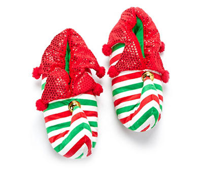Red, Green & White Stripe Elf Slippers