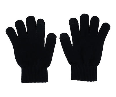 Black Rib Knit Imitation Pearl Pom-Pom Beanie & Touch Screen Gloves