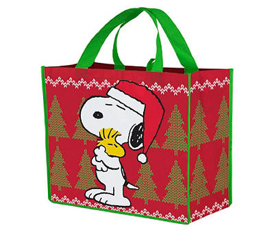 Red & Green Snoopy & Woodstock Holiday XL Reusable Tote Bag