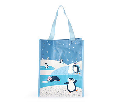 Blue Snow Penguins Small Reusable Tote Bag