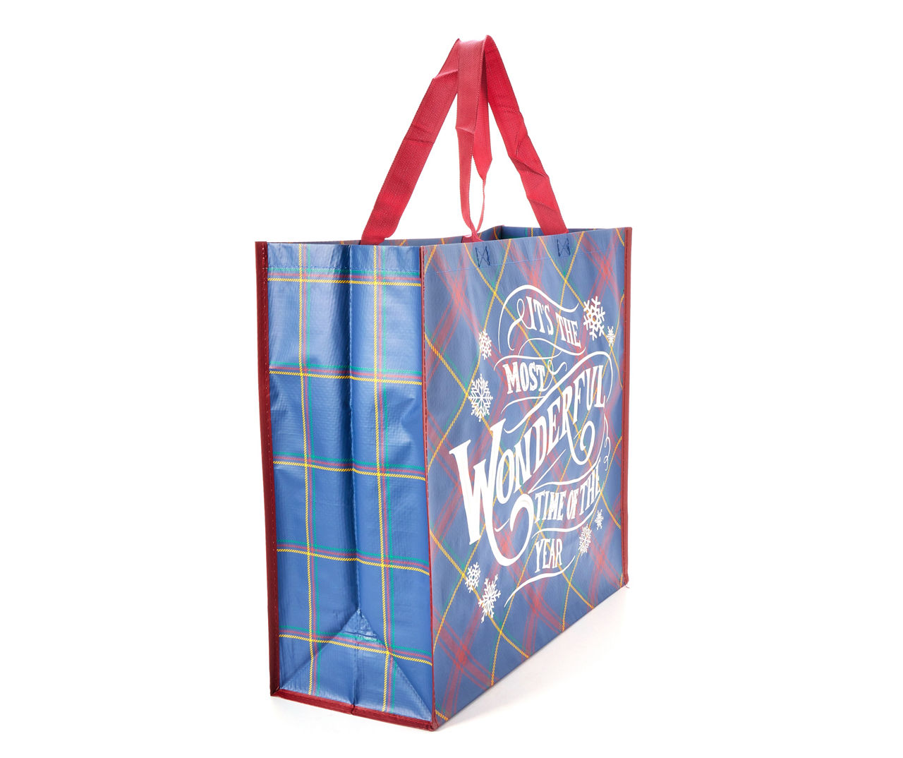 "Time of the Year" Blue & Red Plaid Large Reusable Tote Bag