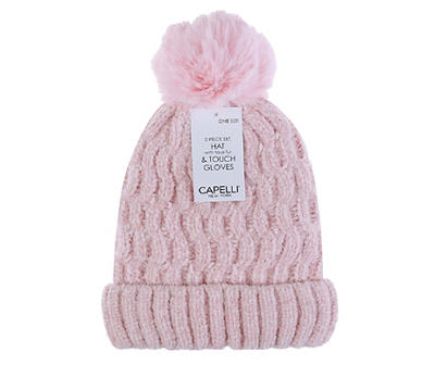 Pink Wavy Cable-Knit Pom-Pom Beanie & Touch Screen Gloves