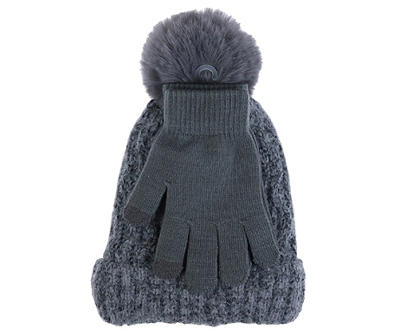 Gray Wavy Cable-Knit Pom-Pom Beanie & Touch Screen Gloves