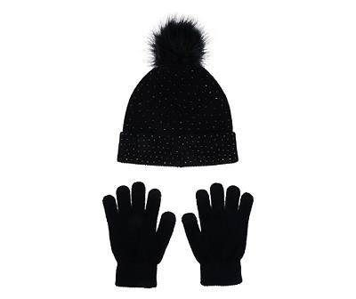 Black Rhinestone Knit Pom-Pom Beanie & Touch Screen Gloves