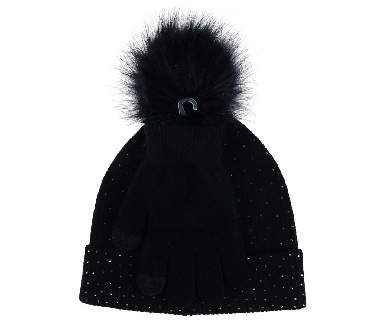 Black Rhinestone Knit Pom-Pom Beanie & Touch Screen Gloves