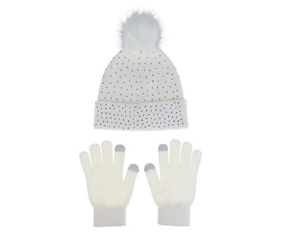 Ivory Rhinestone Knit Pom-Pom Beanie & Touch Screen Gloves
