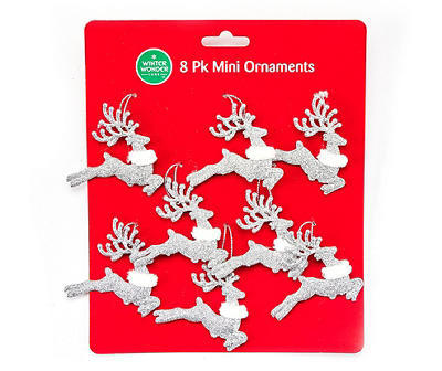 Silver Glitter Prancing Reindeer Mini Ornaments, 8-Pack