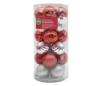 Red & Silver Ball 24-Piece Shatterproof Mini Ornament Set