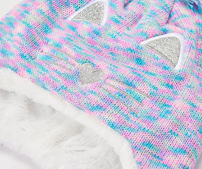 Blue & Pink Space Dye Kitty Earflap Beanie & Gloves Set